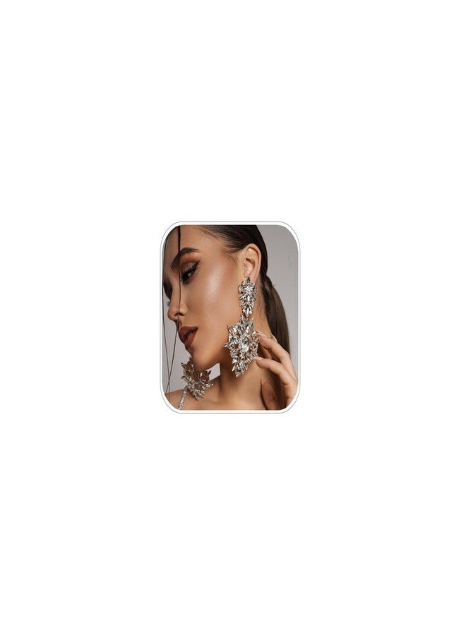 XSBODY Costume Silver Large Rhinestone Earrings Dangling Trendy Bling Oversized Statement Earrings For Women Formal (Silver) - Image 1